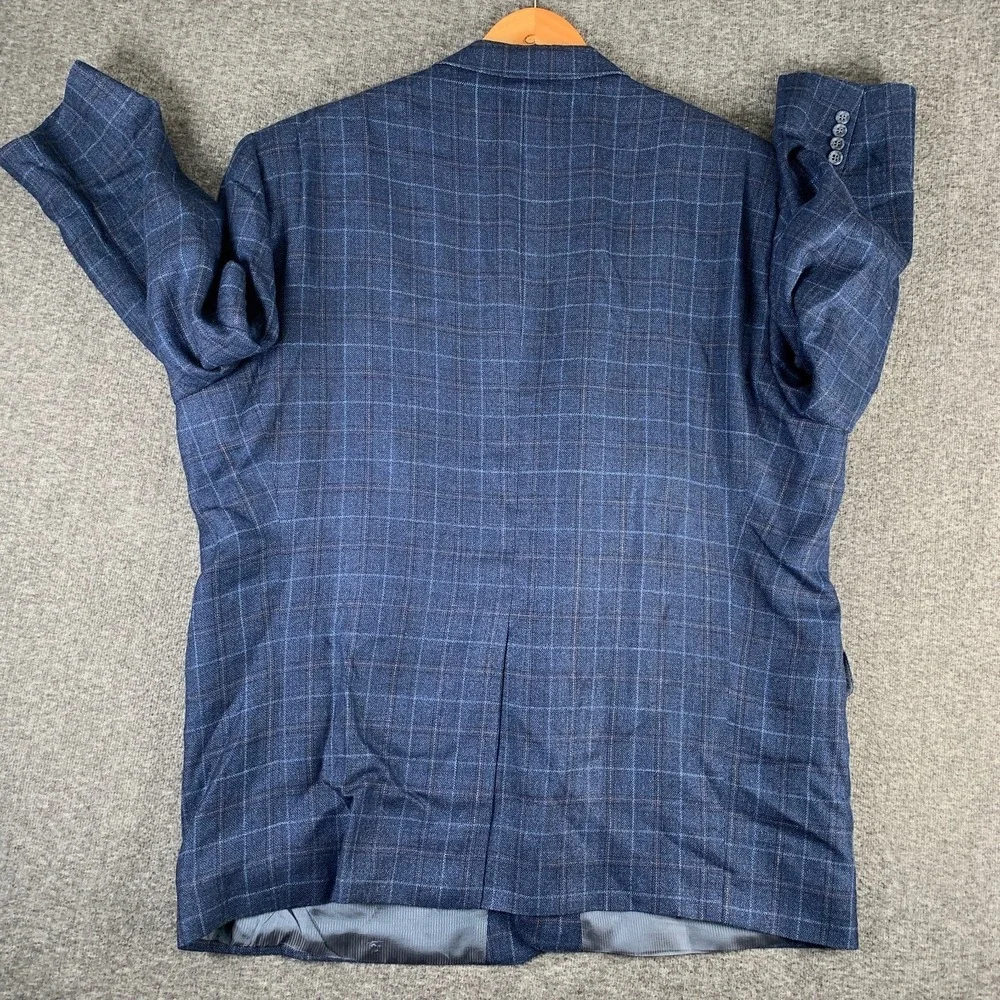 Jack Victor Blazer Jacket Men 54R E Thomas Linen Silk Kingwood Windowpane Blue